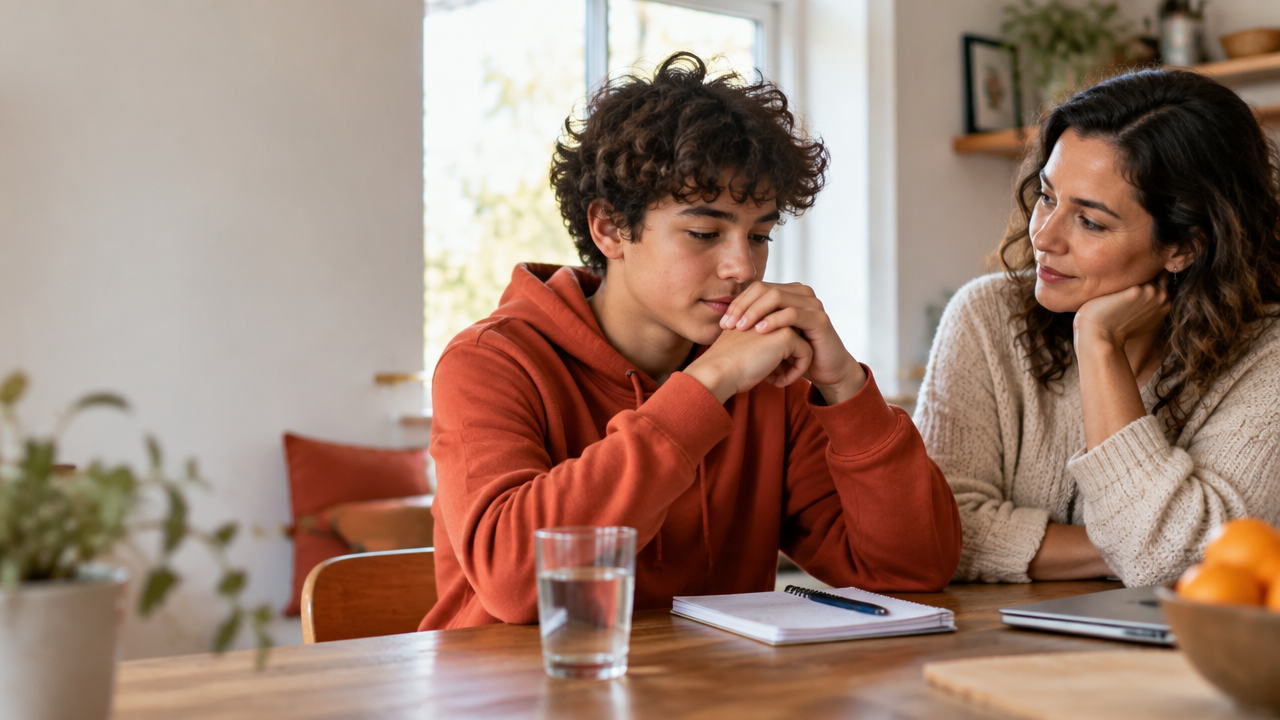 Adolescente respirando com calma enquanto uma cuidadora o escuta em casa