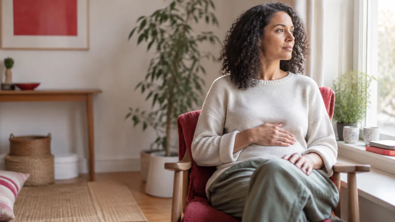 Adult sitting quietly at home by a window and noticing a calm, natural breath