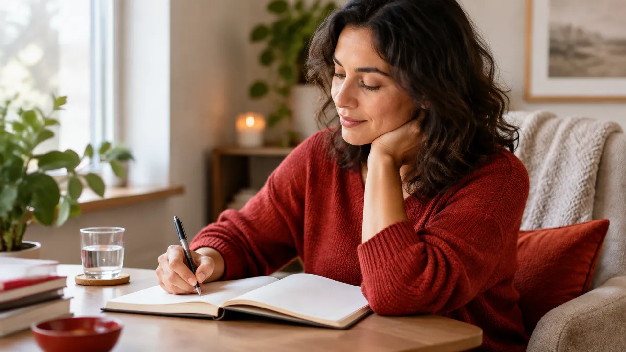 Adult journaling calmly in a grounded space as part of a gentle self-reflection practice