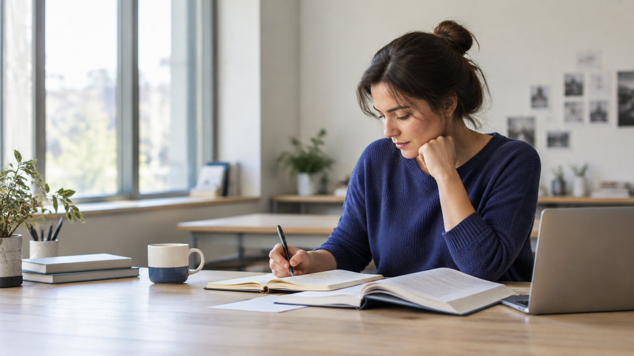 Adult learner connecting notes, theory, and experience during reflective study