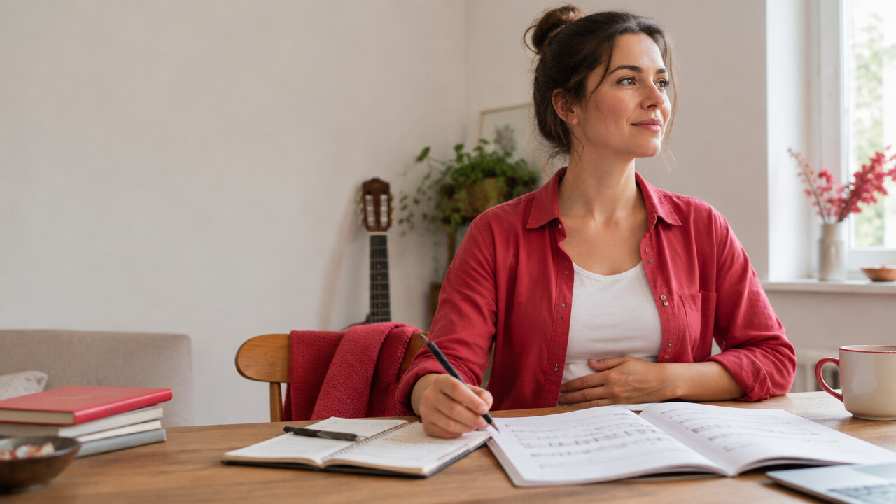 Adult learner pauses at a desk to notice their breathing during a focused practice session