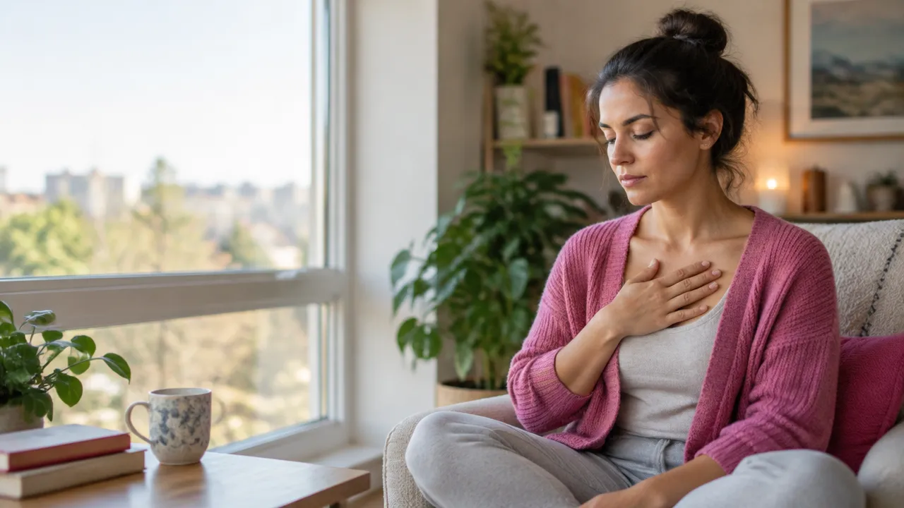 Adult pausing by a window and taking a calm breath to manage a difficult emotion