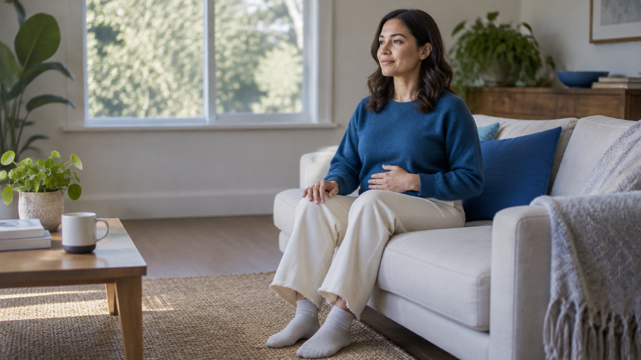 Adult practicing a gentle seated grounding pause at home to recover from everyday stress