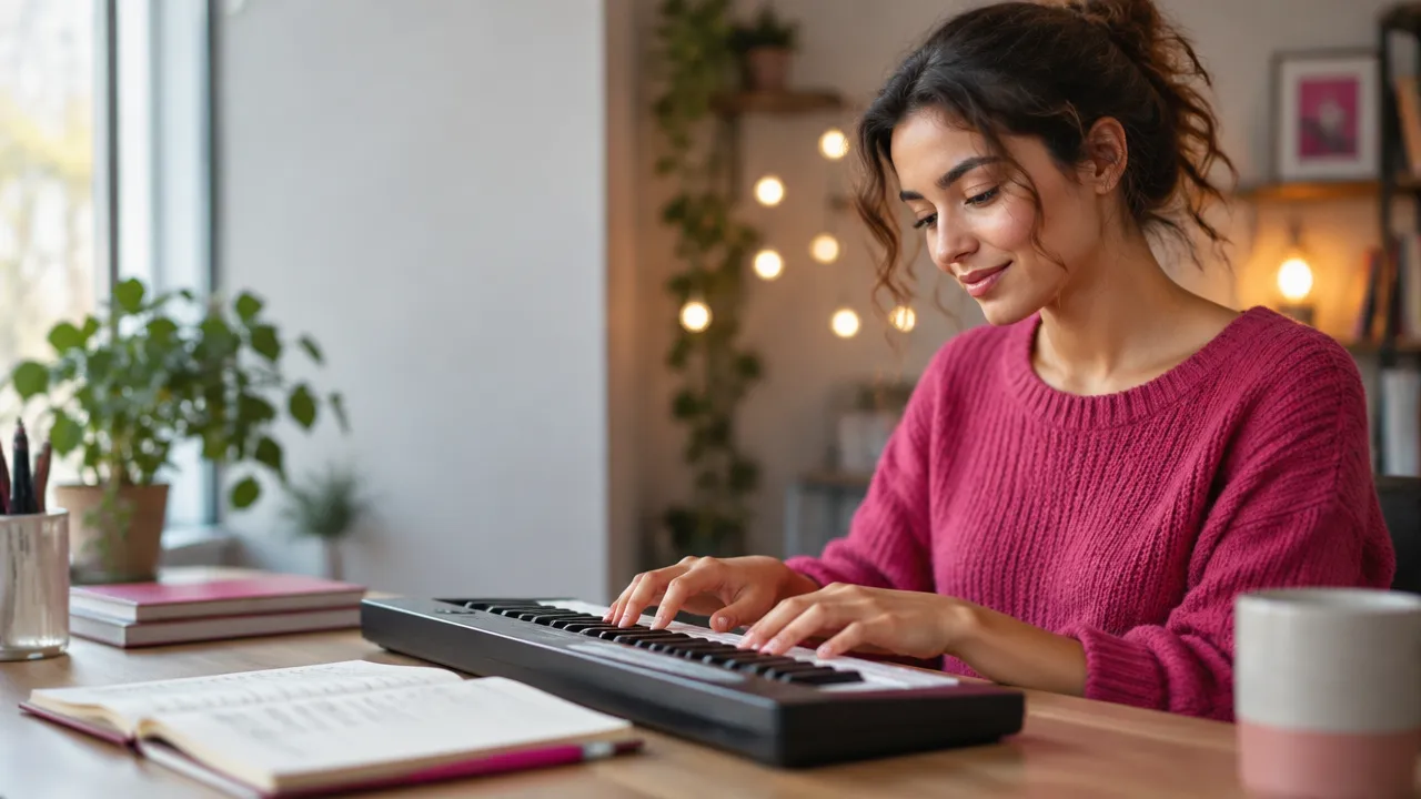 Adult practicing a new skill at a keyboard, illustrating how repeated learning can reshape the brain