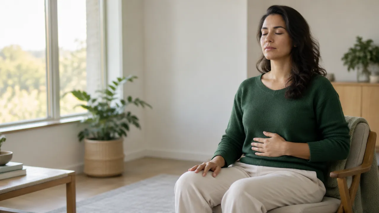 Adult practicing calm, mindful breathing beside a softly lit window