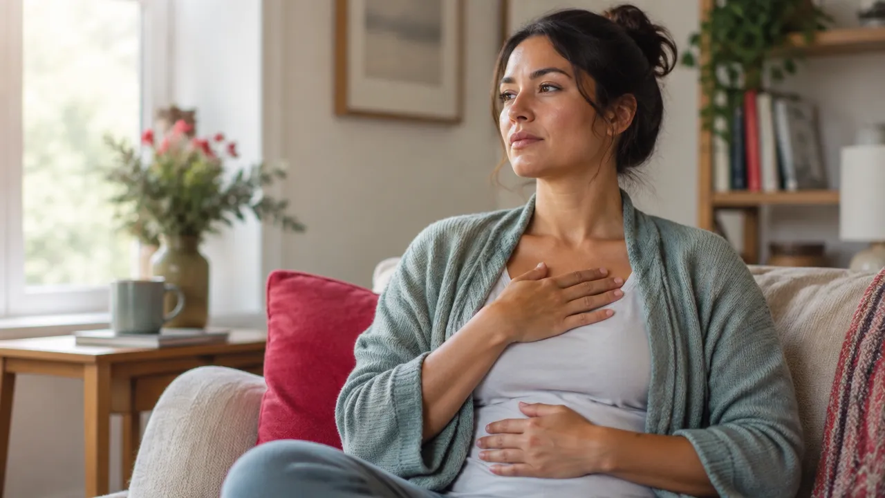 Adult quietly noticing their breathing while seated in a calm home environment