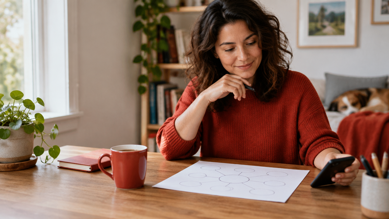 Adult reflecting on a personal support map before reaching out to a trusted person