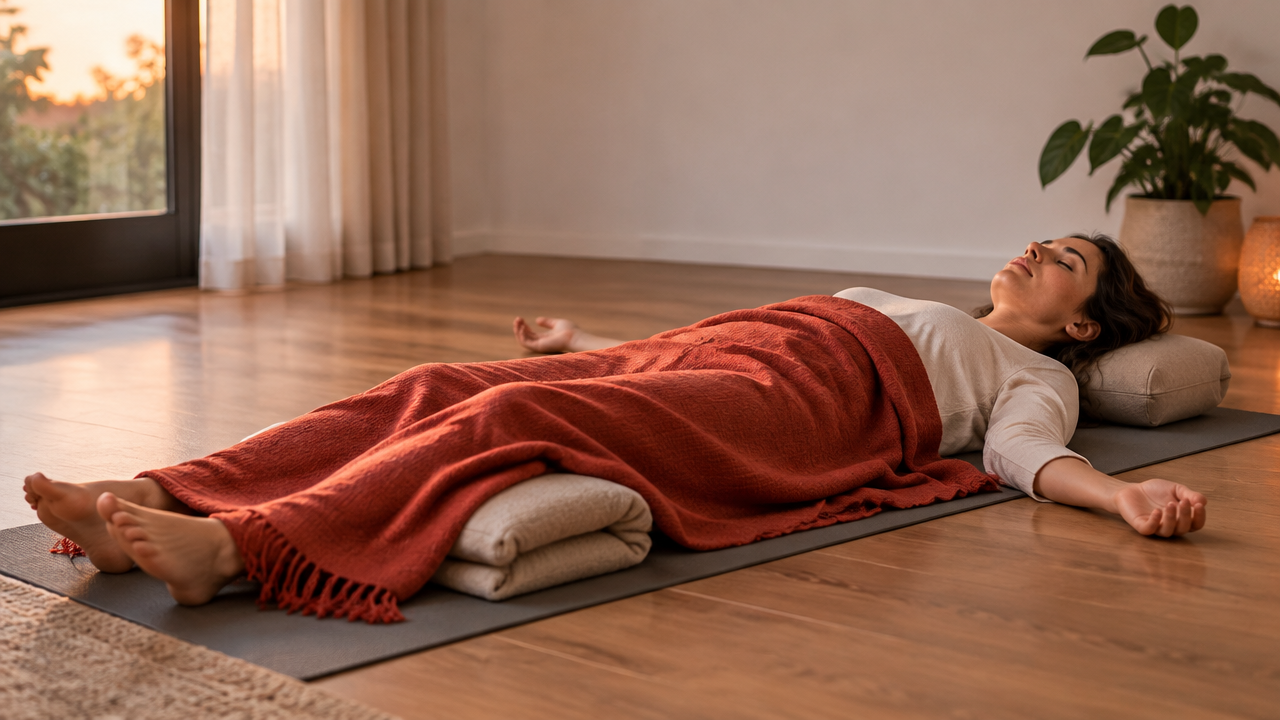 Adult resting comfortably on a yoga mat during a guided Yoga Nidra relaxation practice