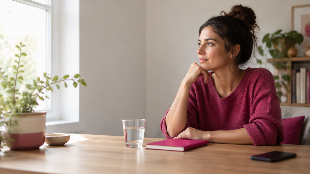 Adult taking a quiet morning pause at a desk with a notebook and phone turned face down
