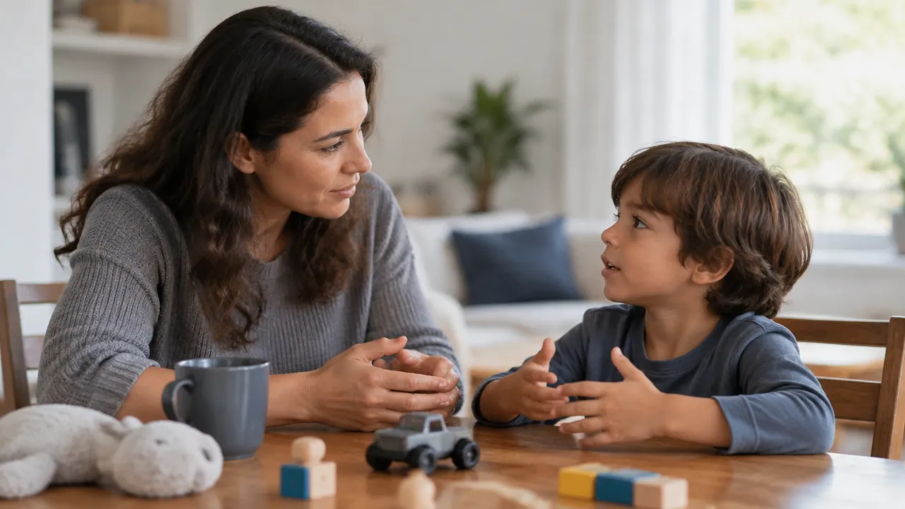 Adulta e criança conversam para compreender perspectivas diferentes e construir uma solução justa