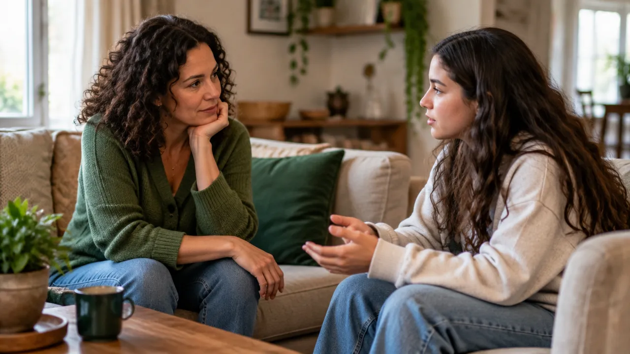 Adulta escuta uma adolescente com atenção durante uma conversa sobre sentimentos e conflito.