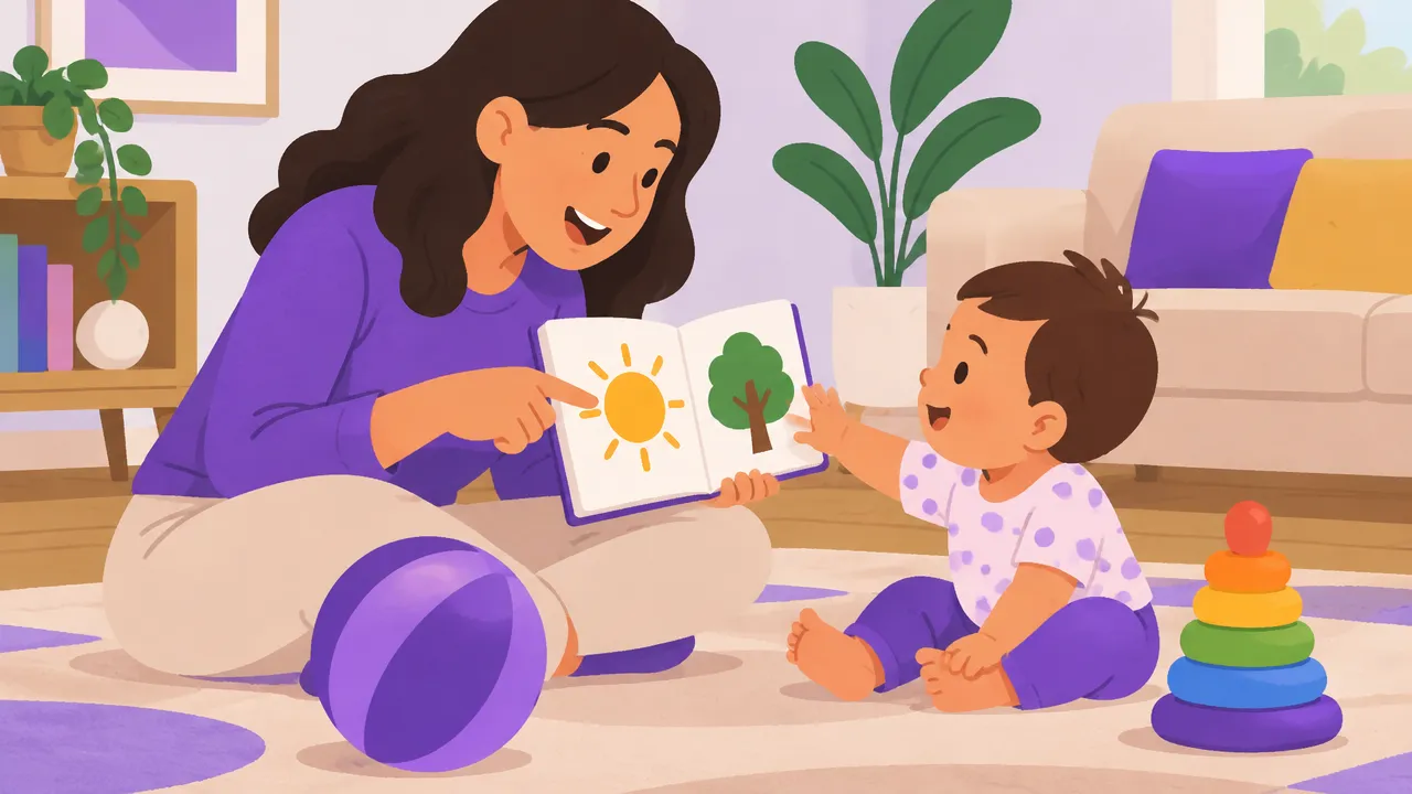 Adulto conversa e aponta figuras de um livro enquanto o bebê observa e explora um brinquedo seguro
