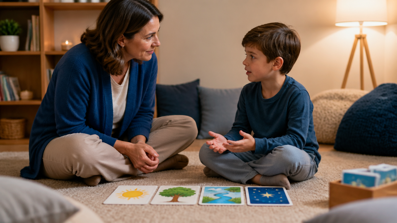 Adulto conversando com criança após atividade com cartas simbólicas e escuta acolhedora