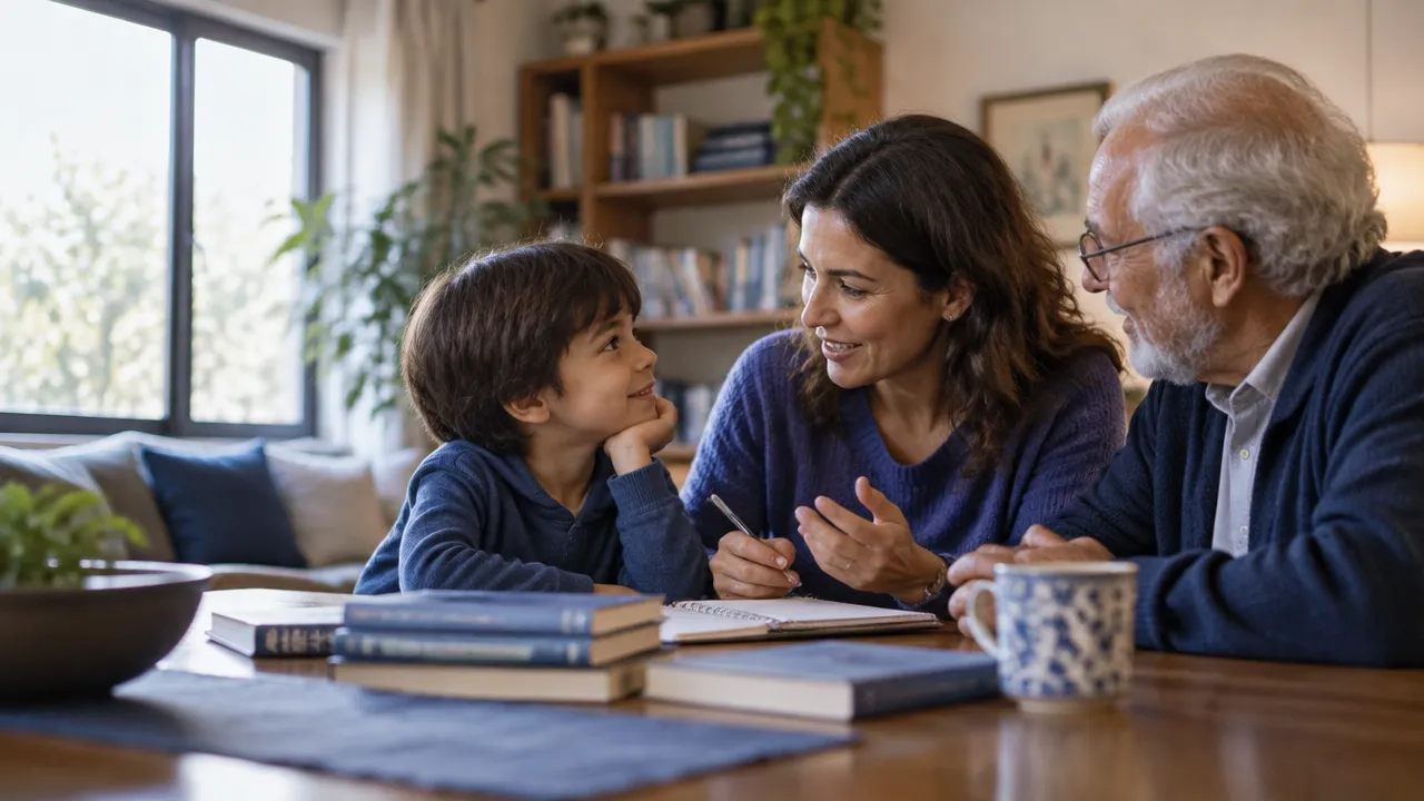 Adulto, criança e pessoa idosa conversam à mesa, ilustrando a interação entre aprendizagem, vínculo e desenvolvimento ao longo da vida.