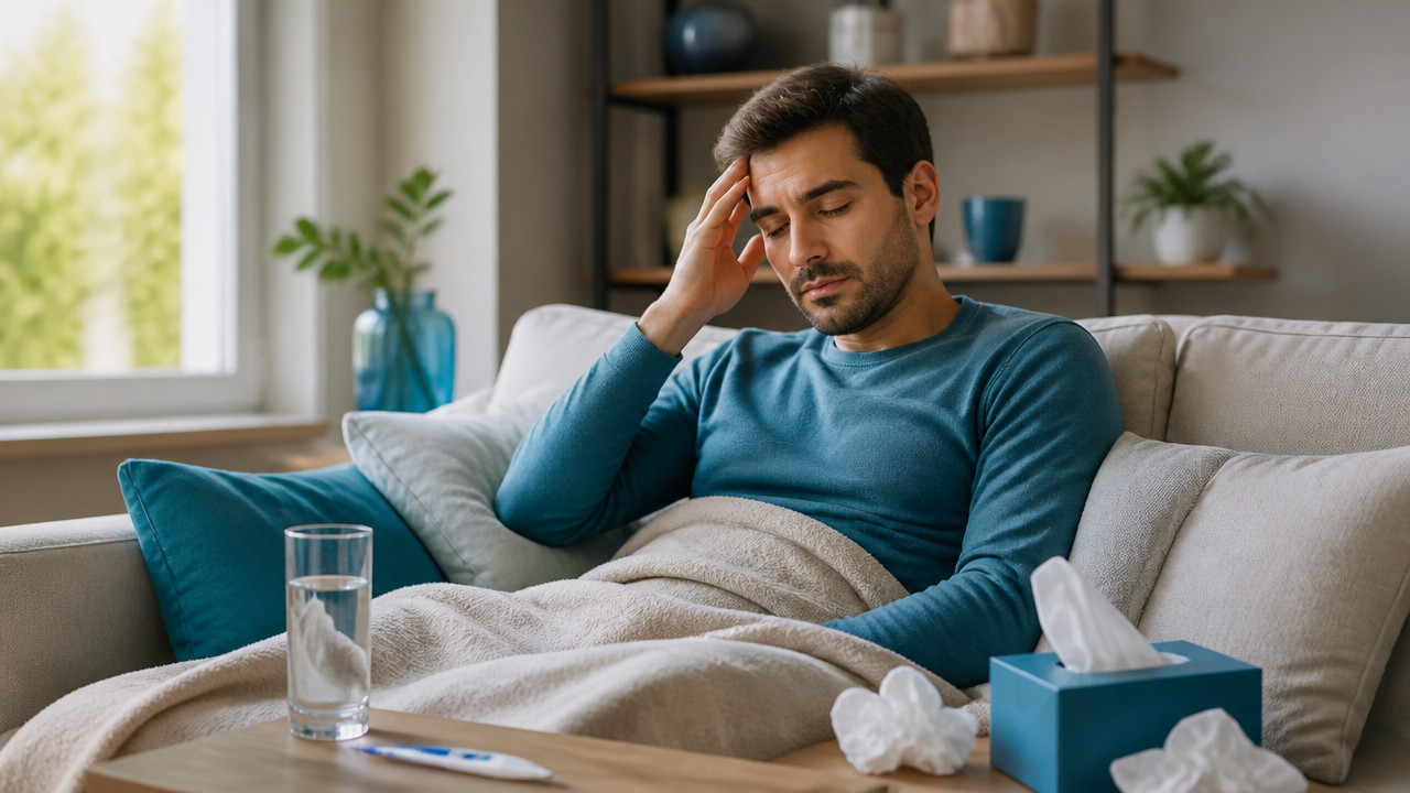 Adulto descansando em casa, hidratando-se durante a recuperação da gripe