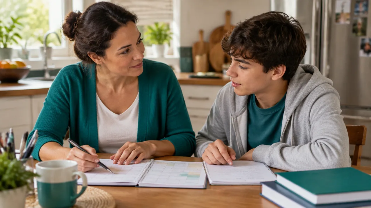 Adulto e adolescente conversam calmamente enquanto organizam a rotina semanal e materiais escolares em casa.