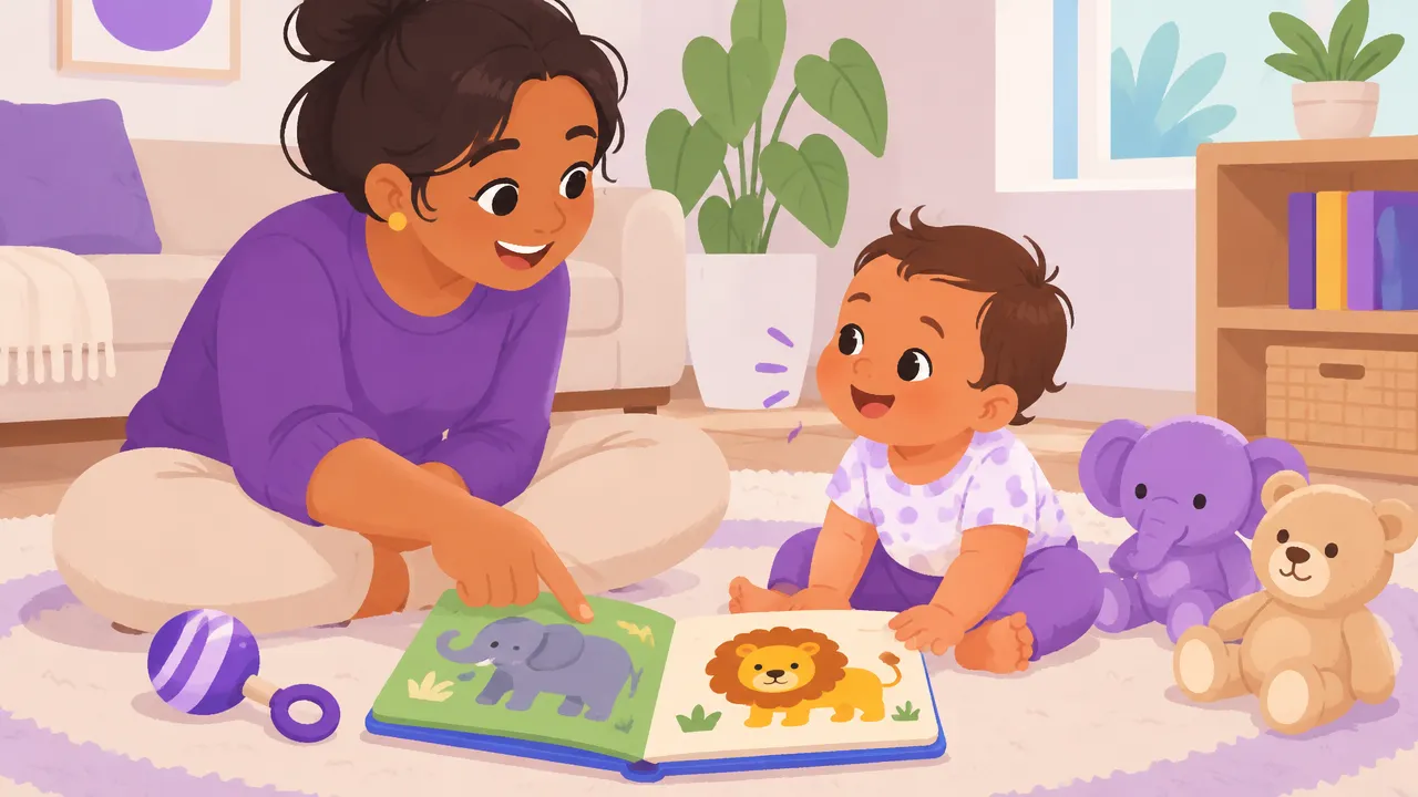 Adulto e bebê compartilham um livro ilustrado e fazem uma pausa para trocar sons e gestos durante a brincadeira.