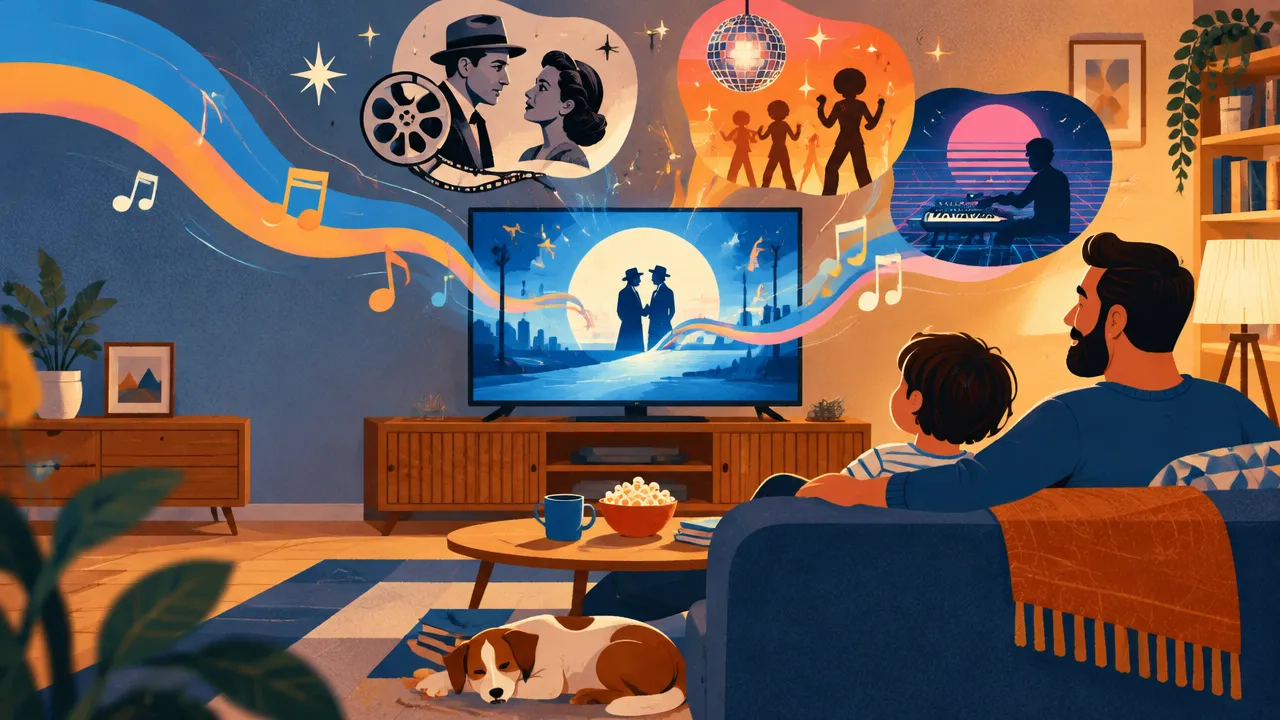 Adulto e criança assistem juntos a um filme em casa, cercados por referências musicais de várias décadas