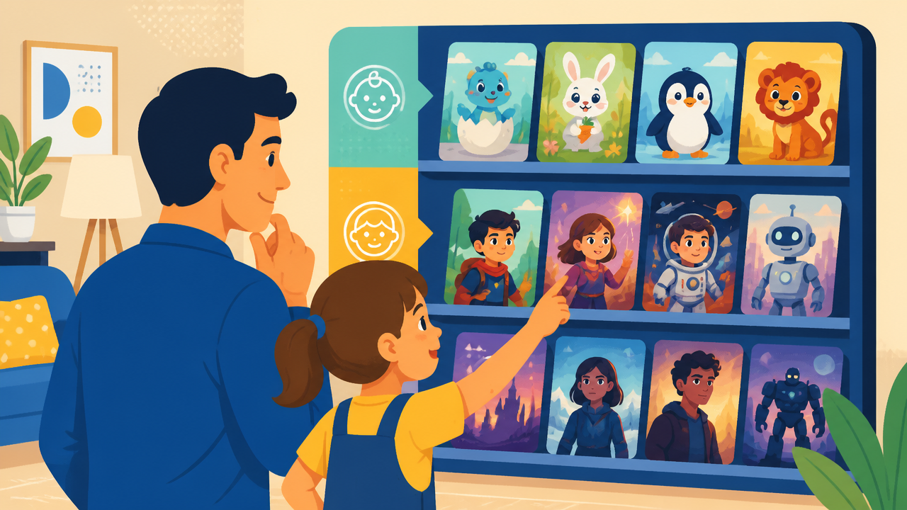 Adulto e criança escolhendo animações clássicas adequadas para a idade