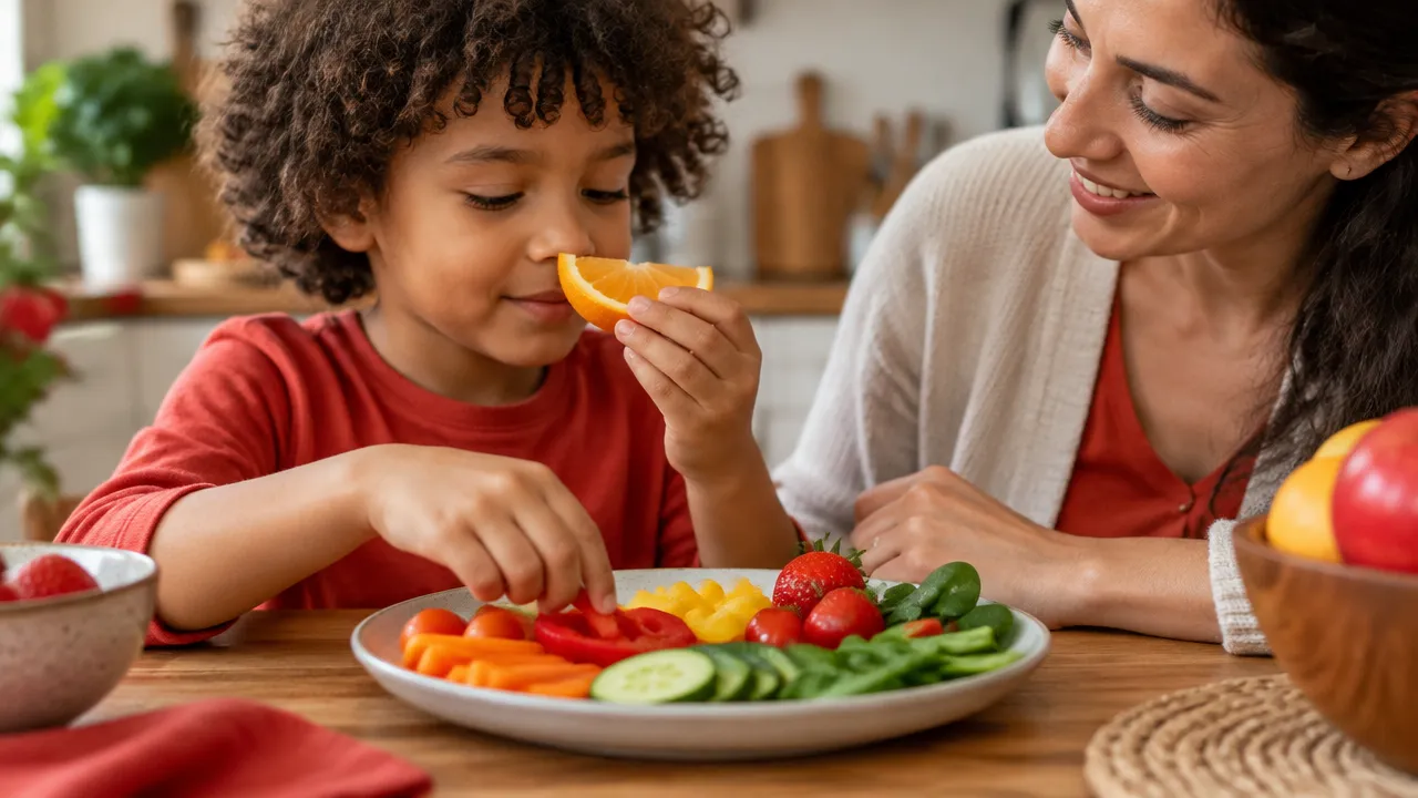 Adulto e criança exploram juntos a cor, o aroma e a textura dos alimentos à mesa