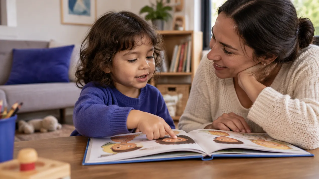 Adulto e criança pequena conversam sobre emoções enquanto observam um livro ilustrado.