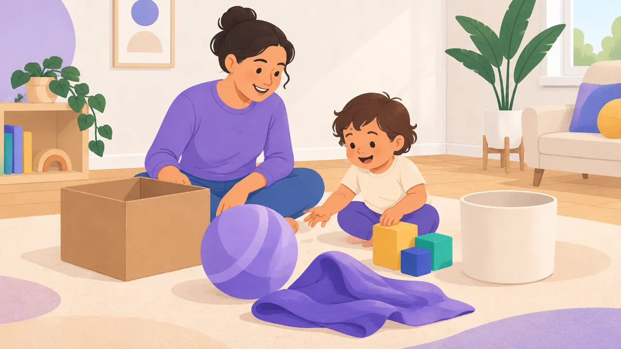 Adulto e criança pequena exploram poucos materiais grandes e versáteis organizados em um tapete com espaço livre para brincar.