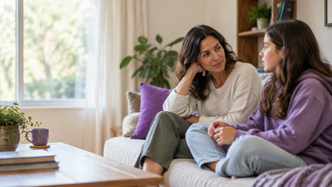 Adulto escucha con atención a una adolescente en un momento de conversación tranquila en casa