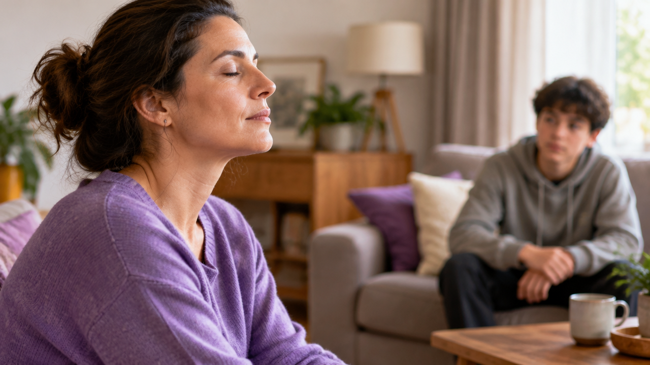 Adulto hace una pausa para regularse antes de retomar una conversación con un adolescente