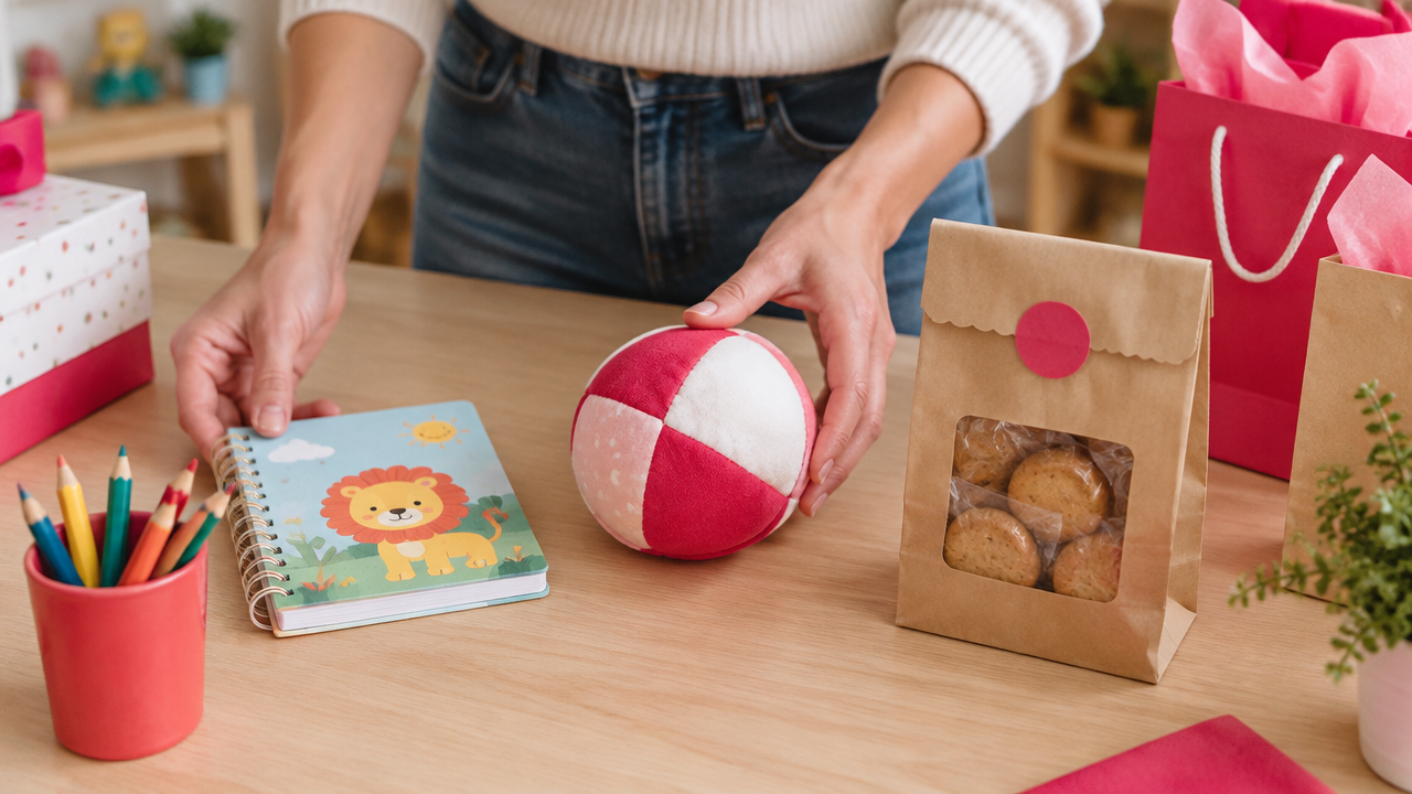Adulto organizando opções de lembrancinhas infantis adequadas à idade, com caderno de atividades, lápis grossos e brinquedo macio