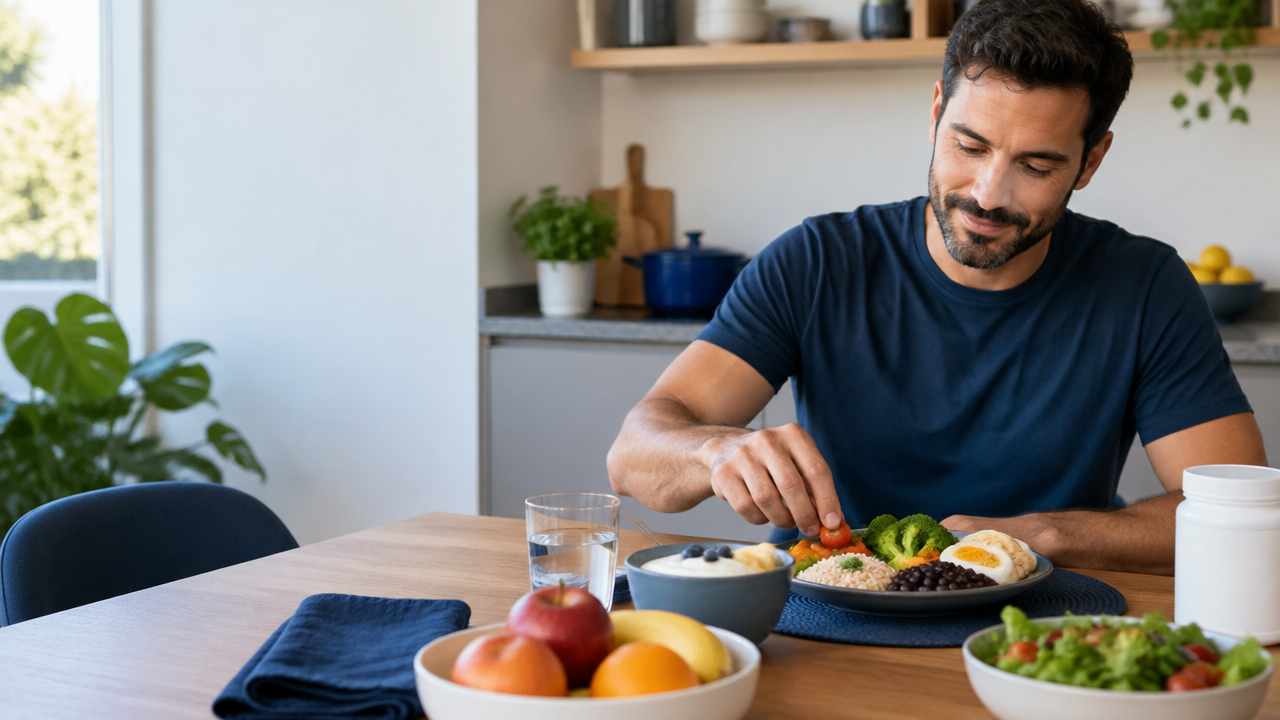 Adulto organizando uma refeição equilibrada com alimentos variados, água e um suplemento sem rótulo