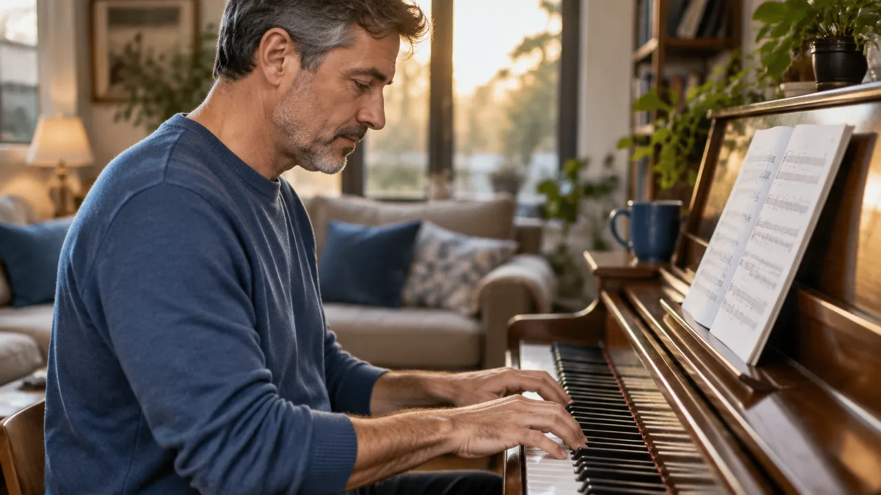 Adulto pratica piano com atenção, ilustrando como a aprendizagem repetida e gradual envolve a plasticidade cerebral.