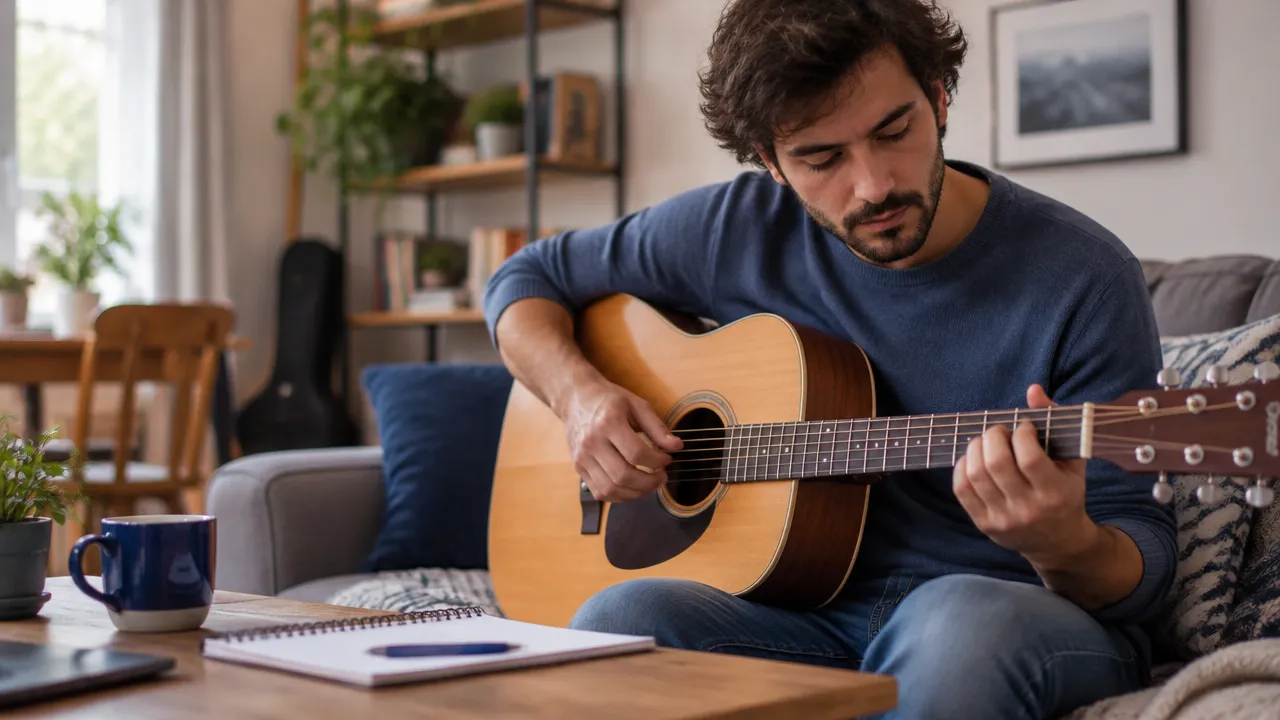Adulto praticando violão com atenção como exemplo de aprendizagem que envolve o cérebro