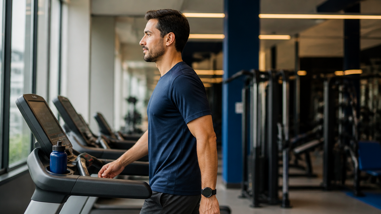Adulto treinando na esteira em academia moderna com postura natural e painel visível