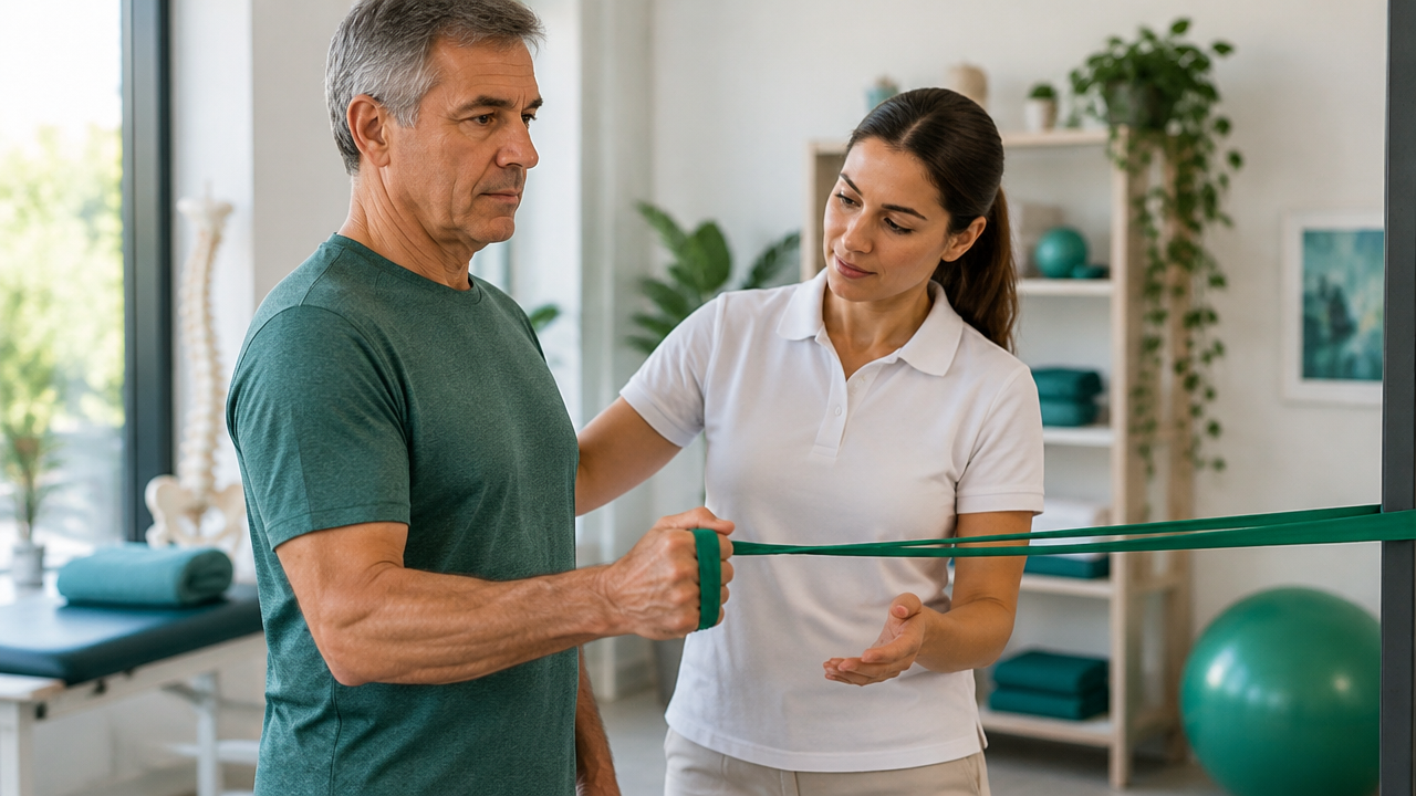 Adulto treinando o ombro com faixa elástica sob orientação profissional