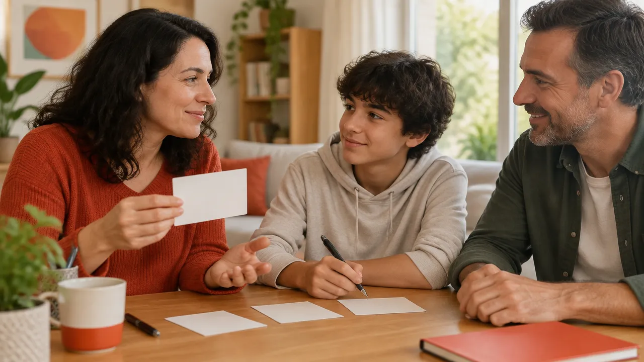 Adultos y adolescente acuerdan prioridades familiares escribiendo ideas en tarjetas