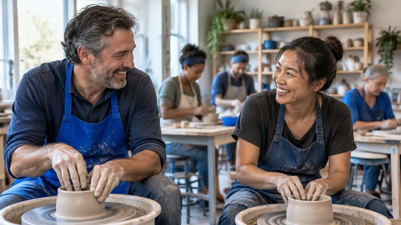 Adults building familiarity while taking part in a recurring pottery class