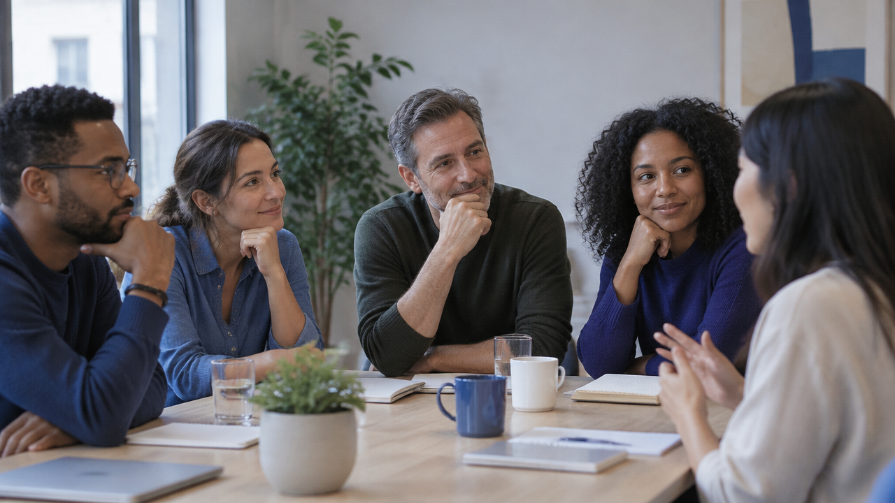 Adults in a group meeting subtly mirroring one another while one participant reflects independently.