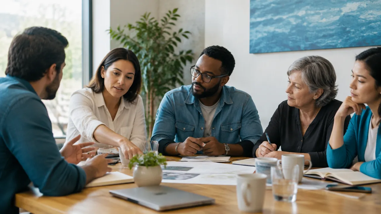 Adults in a meeting responding to a shared group suggestion while one participant considers an independent view.