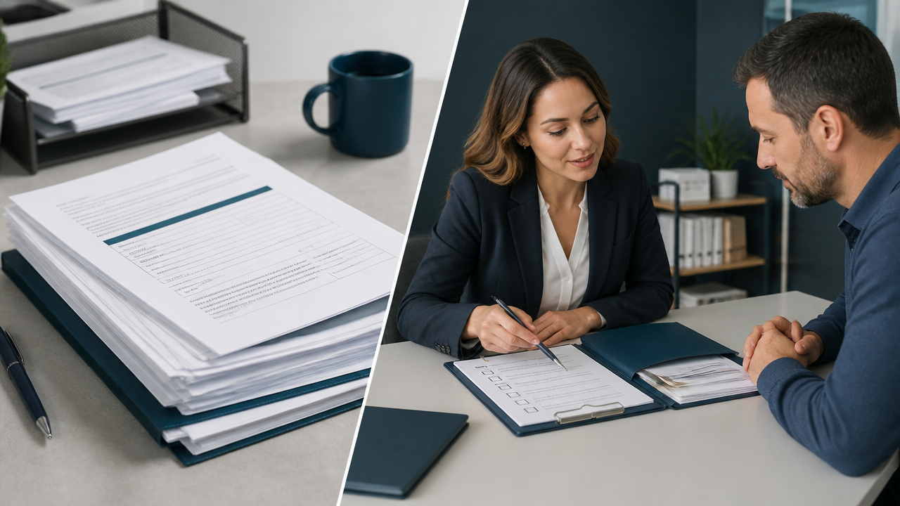 Advisor using a checklist with a client next to organized immigration forms and evidence.