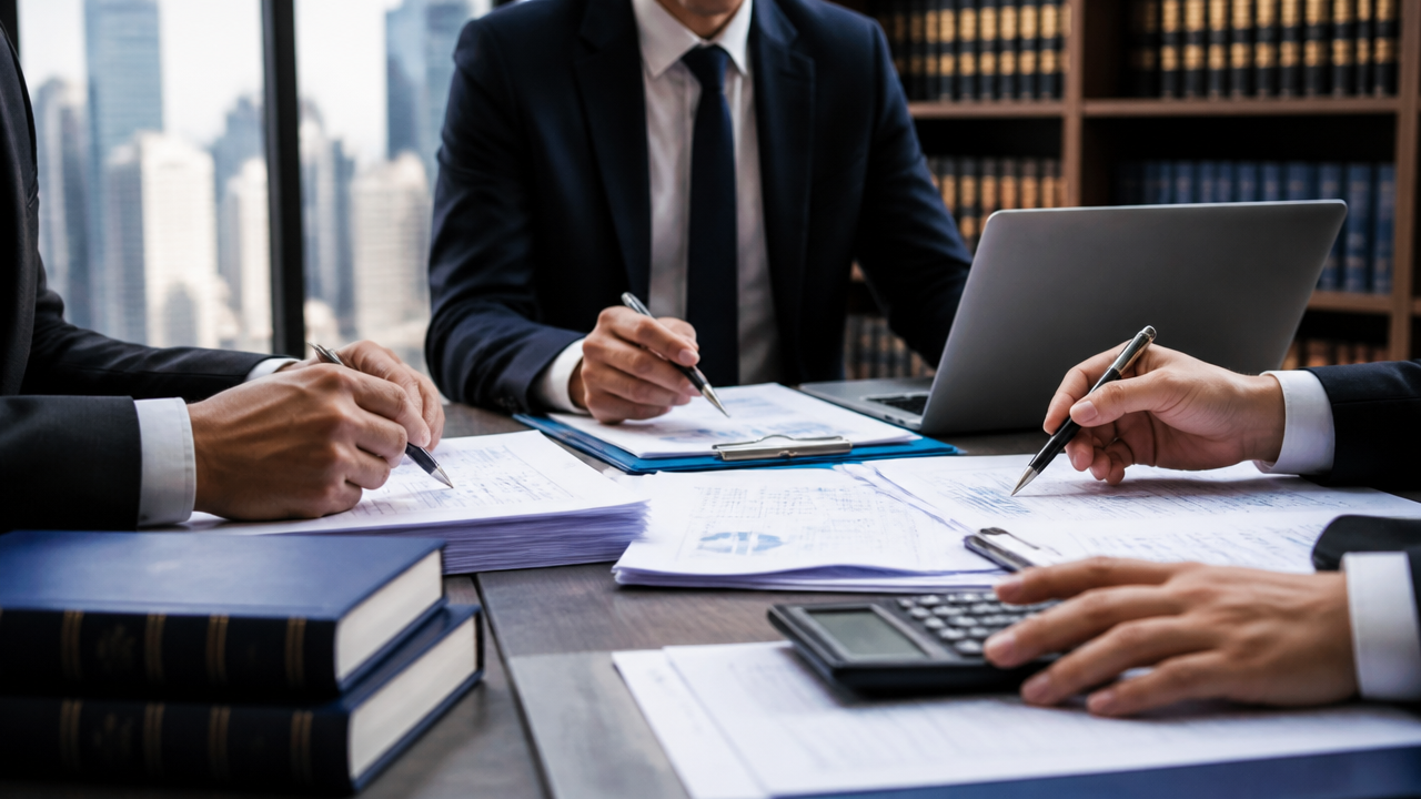 Advogados analisando documentos fiscais e jurídicos em reunião sobre contencioso tributário e reforma tributária.