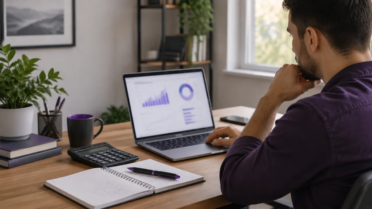 Afiliado analisando com um laptop, calculadora e caderno o lucro de suas comissões digitais.