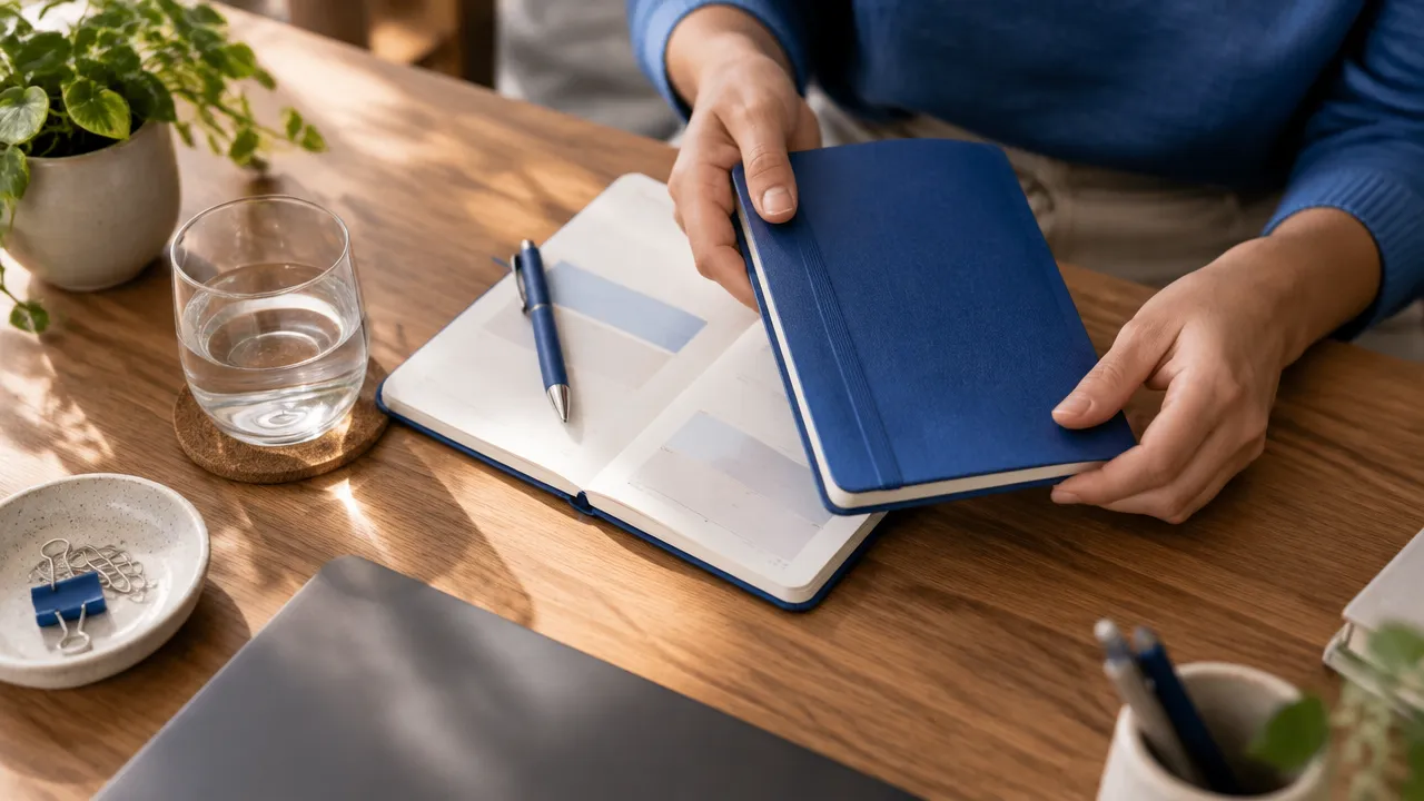 Agenda aberta e mãos fazendo uma pausa entre tarefas em uma mesa organizada