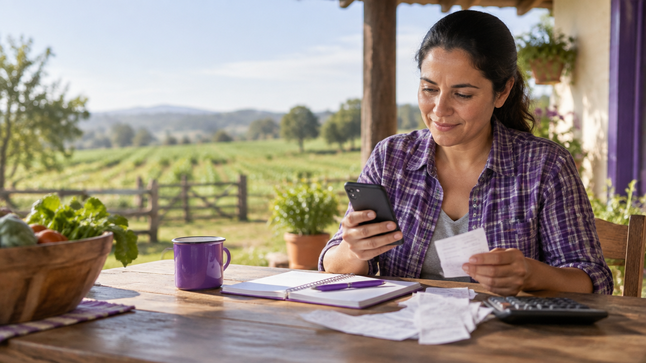 Agricultora organiza recibos e anotações financeiras usando um celular em uma propriedade rural