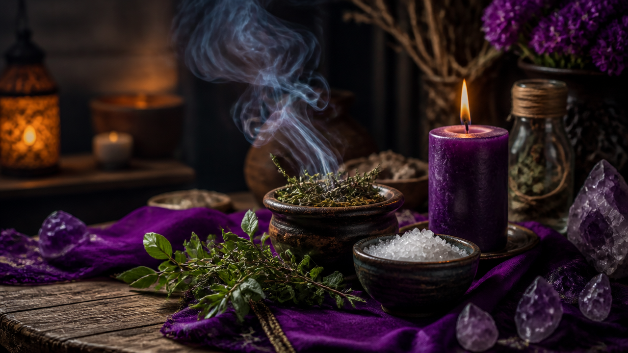 Altar de limpeza espiritual com ervas, sal grosso e vela violeta