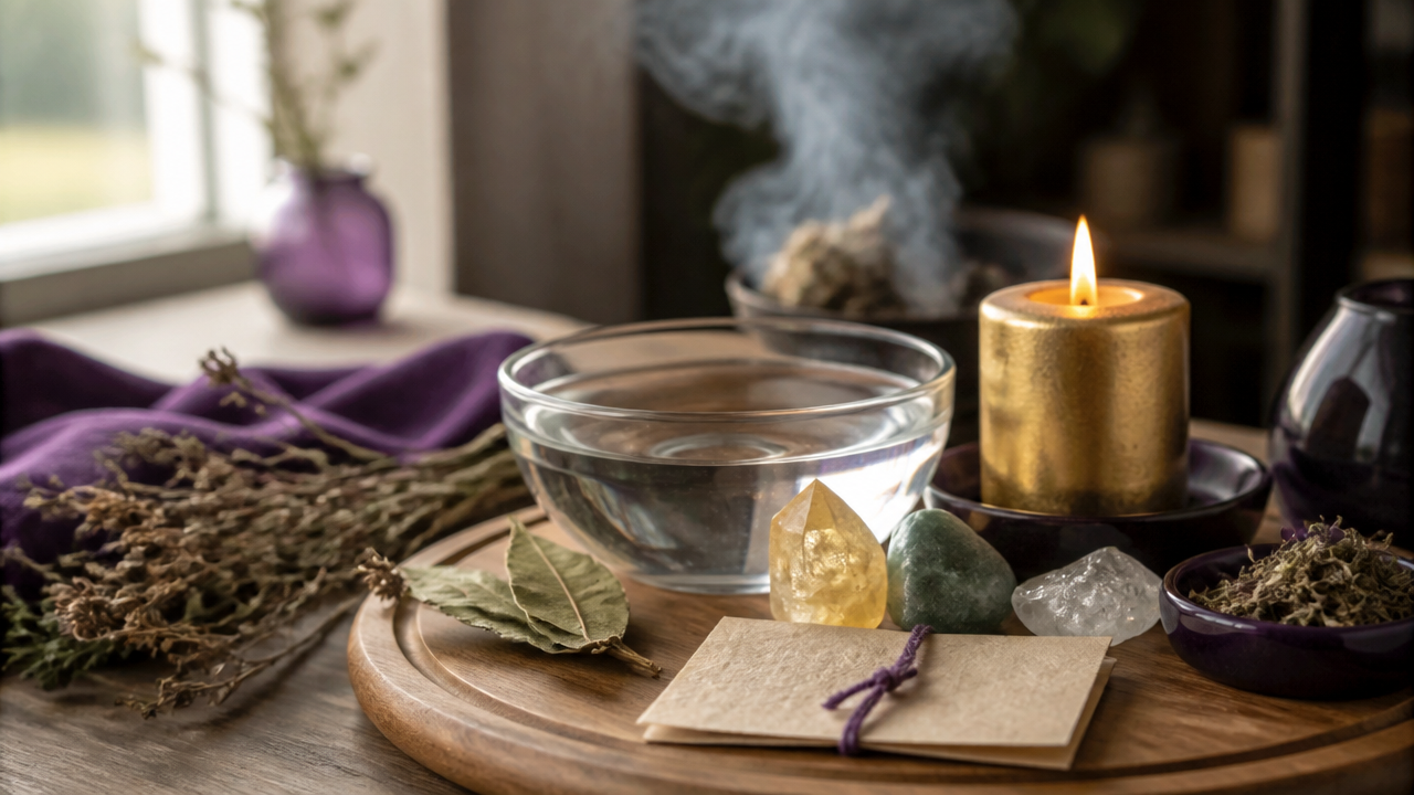 Altar de prosperidade com vela, cristais, ervas e intenção escrita para ritual financeiro