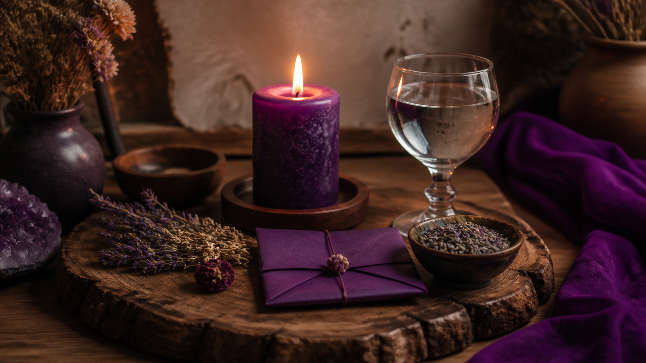Altar doméstico com vela, ervas e papel com sigilo para ritual amoroso