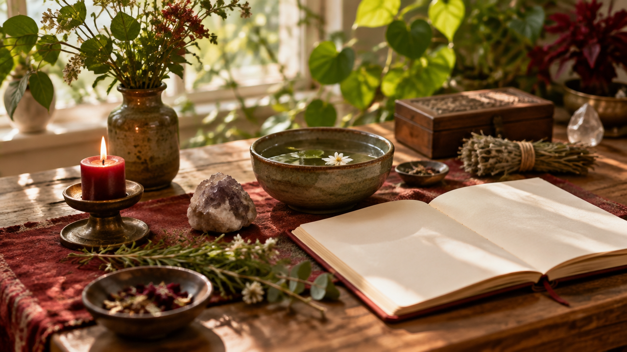 Altar doméstico simples com vela, ervas, tigela de água e caderno para ilustrar práticas simbólicas