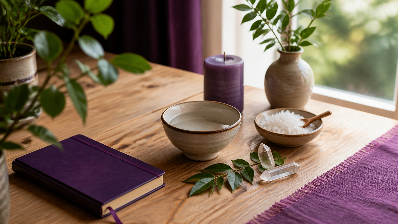 Altar simples com água, ervas, cristal e vela para ritual moderno de gratidão à natureza