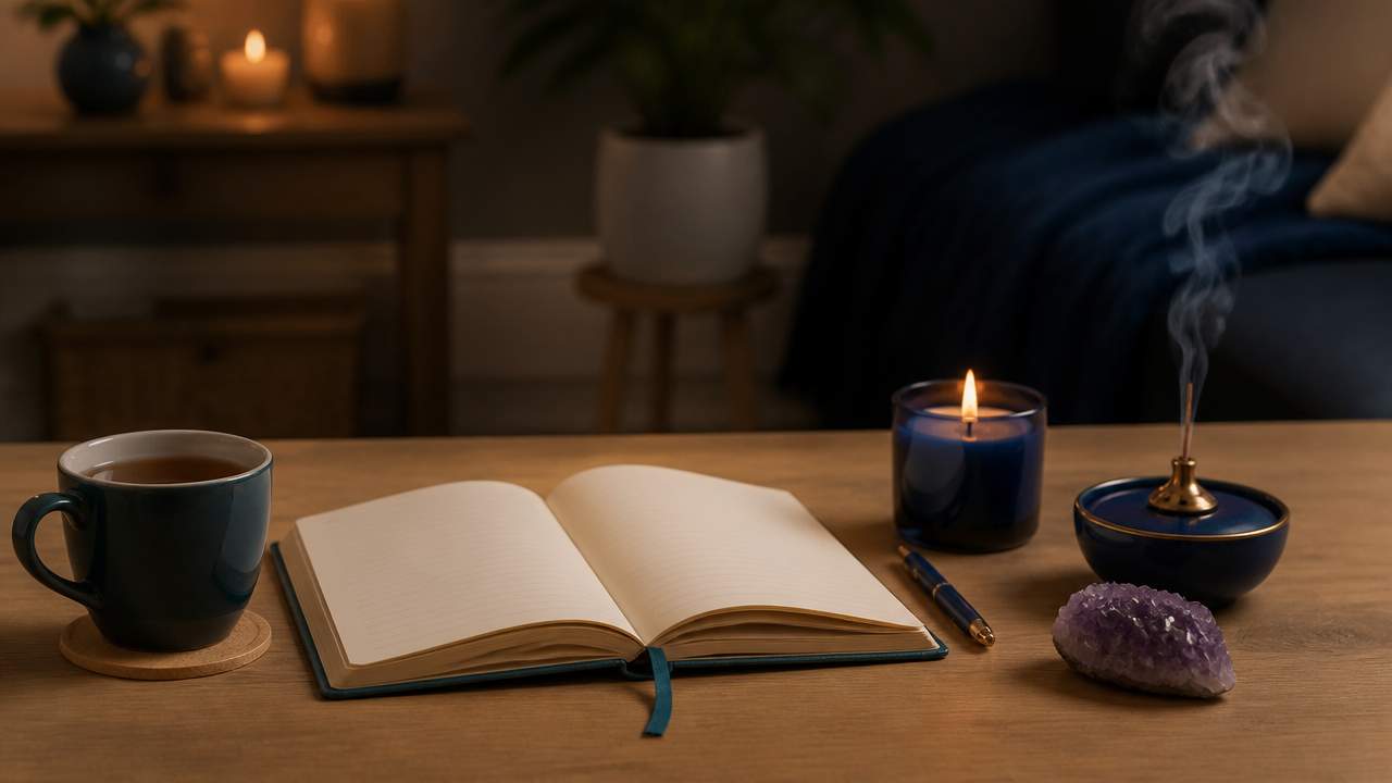 Altar simples com diário, vela, incenso e chá para ritual noturno de autocuidado.