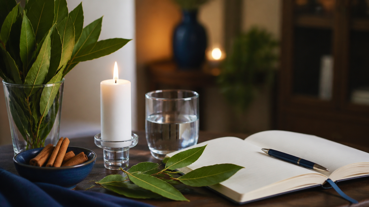 Altar simples com louro, vela branca e caderno para ritual de abertura de caminhos profissionais